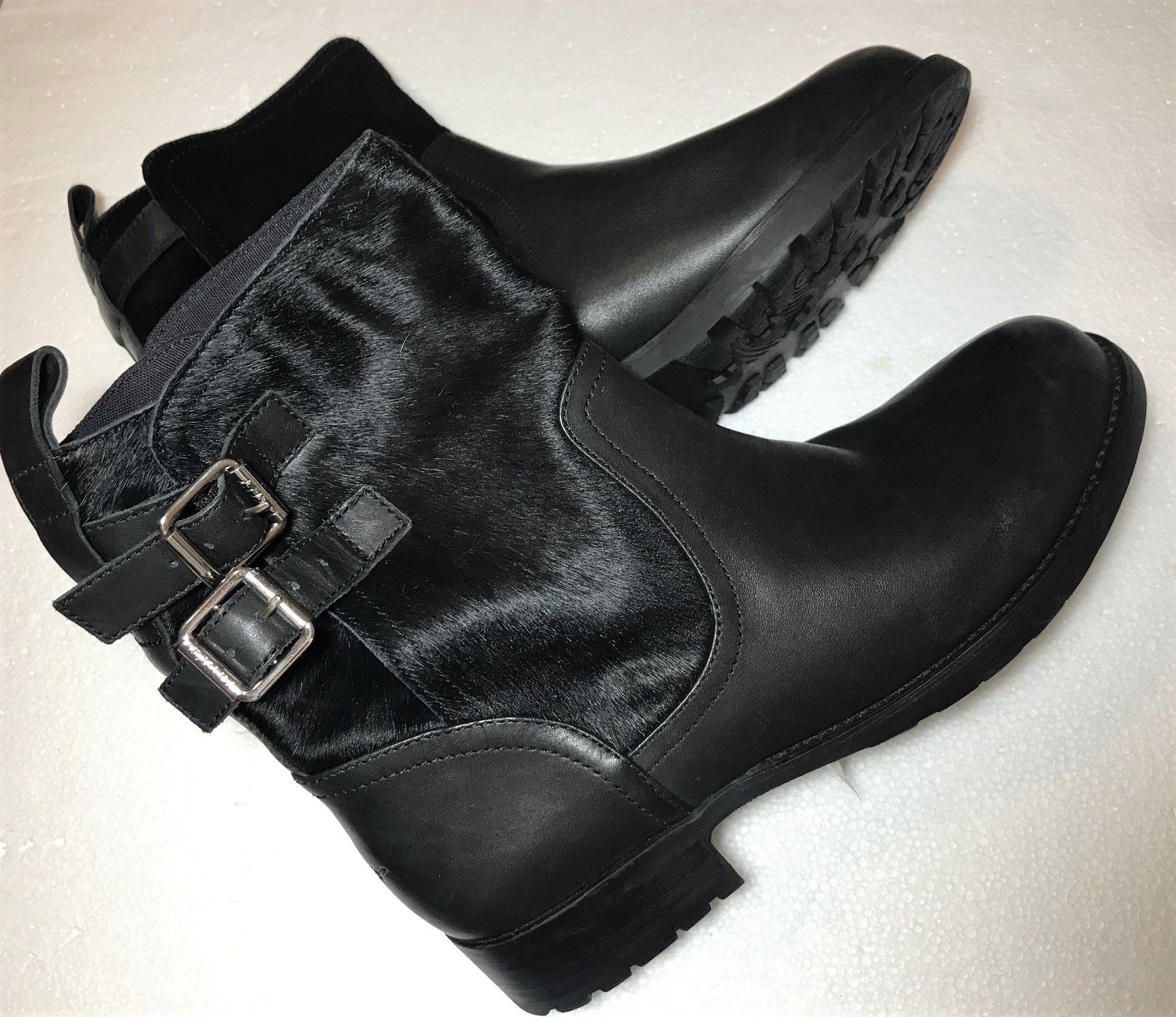 DKNY Black Leather and Fur Combat Boots 