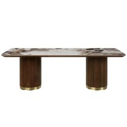 New 94" Modern Dining Table w/ Ceramic Top & Gold Metal Trim Base | Dark Brown