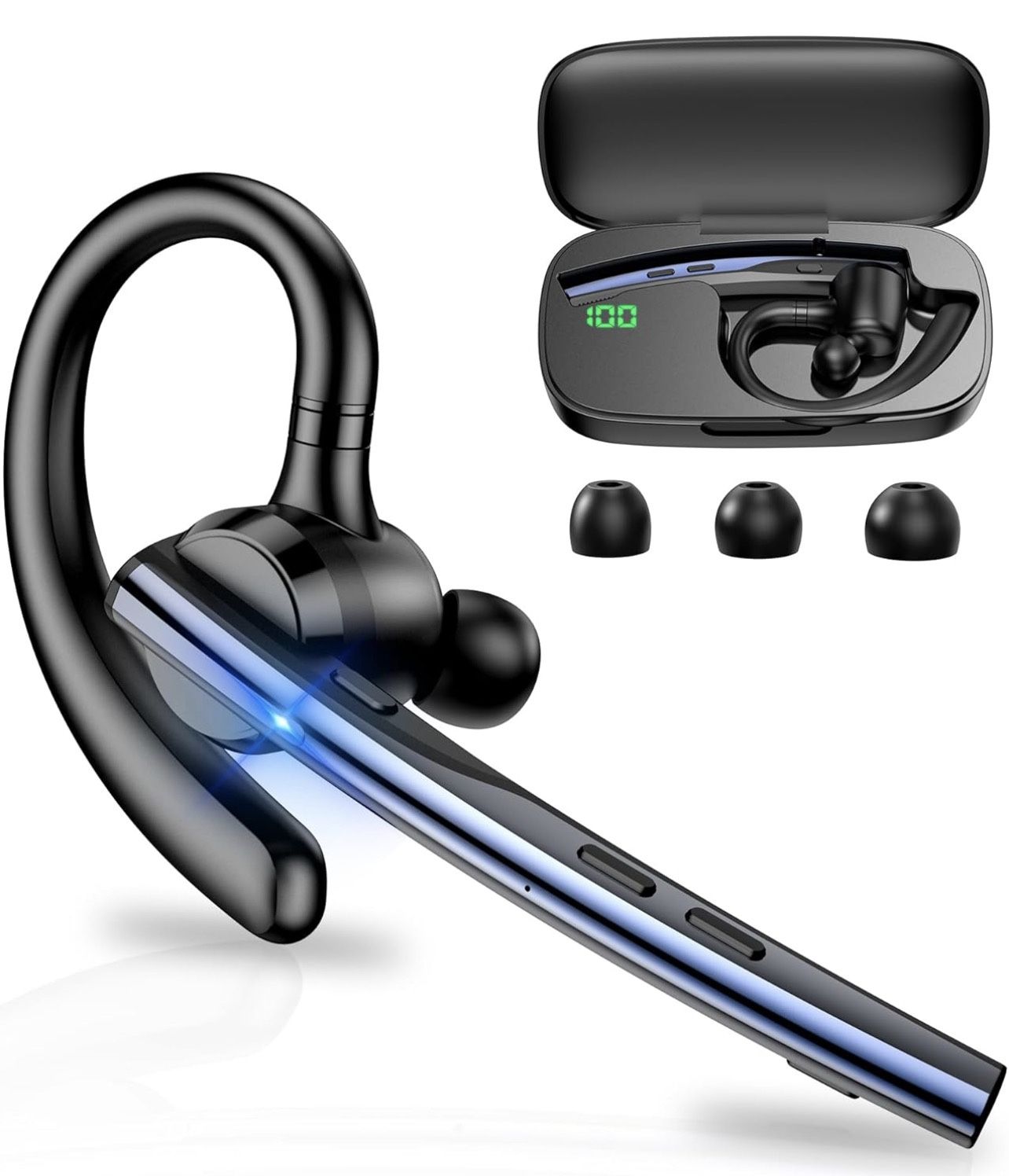 Bluetooth Headset V5.1 Bluetooth Earpiece Dual Mic with 500mAh Charging Case 72H Talk Time Wireless Hand-Free Headsets with Mute Button for Cell Phone