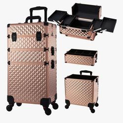 Rolling Makeup Train Case 3 in 1 Professional Cosmetic Trolley Large Storage with keys Swivel Wheels Salon Barber Case Traveling Cart Trunk for Make U