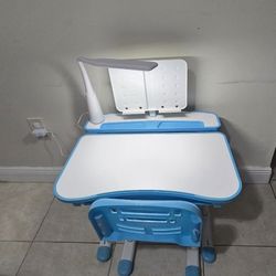 Kids Art Desk & Chair Set - Adjustable Height Drafting Table with 40-Degree Tilt, LED Light, Bookstand - Blue