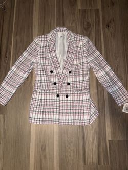 Bar III Pink and White Plaid Double-Breasted Blazer