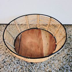 Pottery Barn Round Basket Bowl With  A Cedarwood Base On A Metal Frame.  10x10