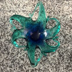 Vintage Murano Art Glass Blue Green Starfish Shape Candy Dish Trinket Italy