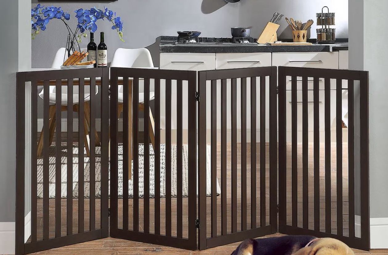 Tall 4 Panel Pet Gate each 24” wide and 36” Tall Dark Brown Wooden Gate Fence
