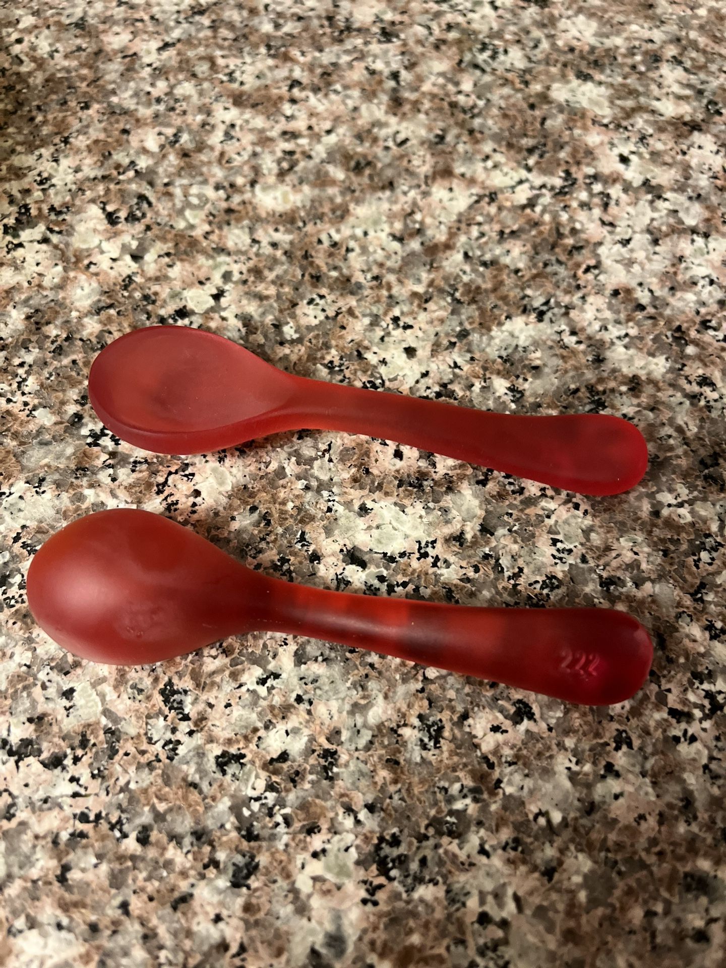 Vintage Two Very Small Hard Plastic Spoons Say 222 In Back 