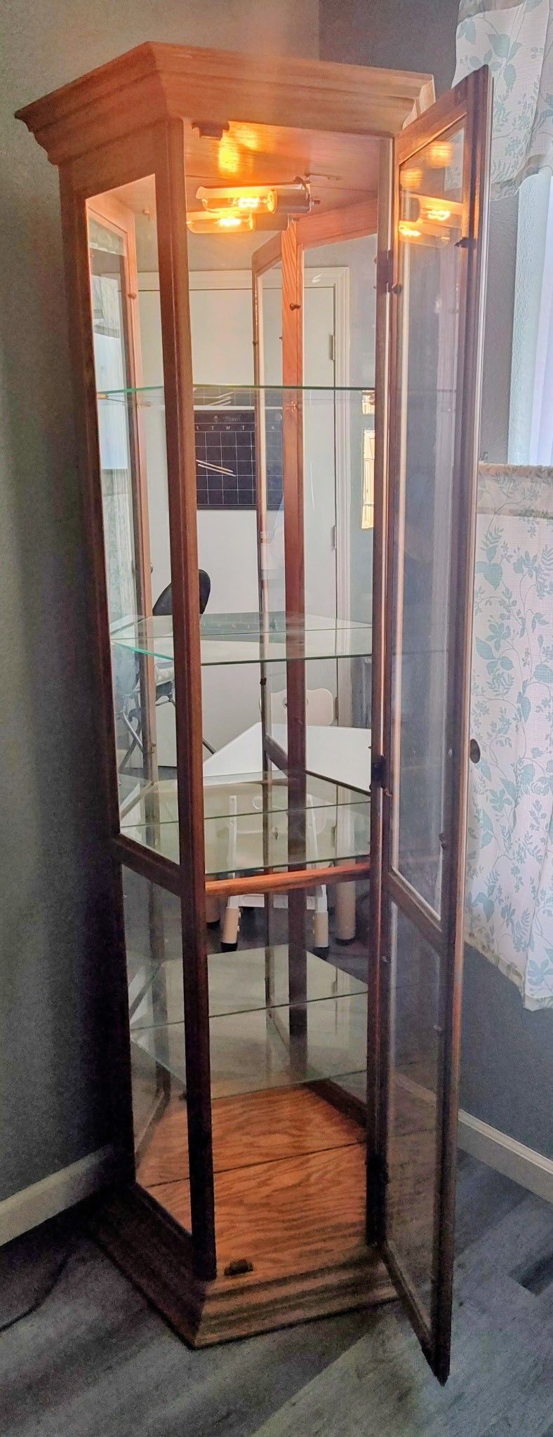 5-shelf lighted, mirrored display case, wood and glass