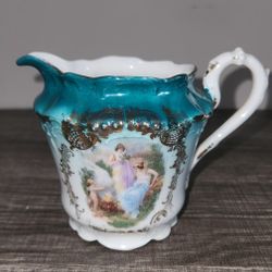 Royal Bavarian China PMB Gold trim Creamer, Maidens-Cherub, Cyan Turquoise Teal