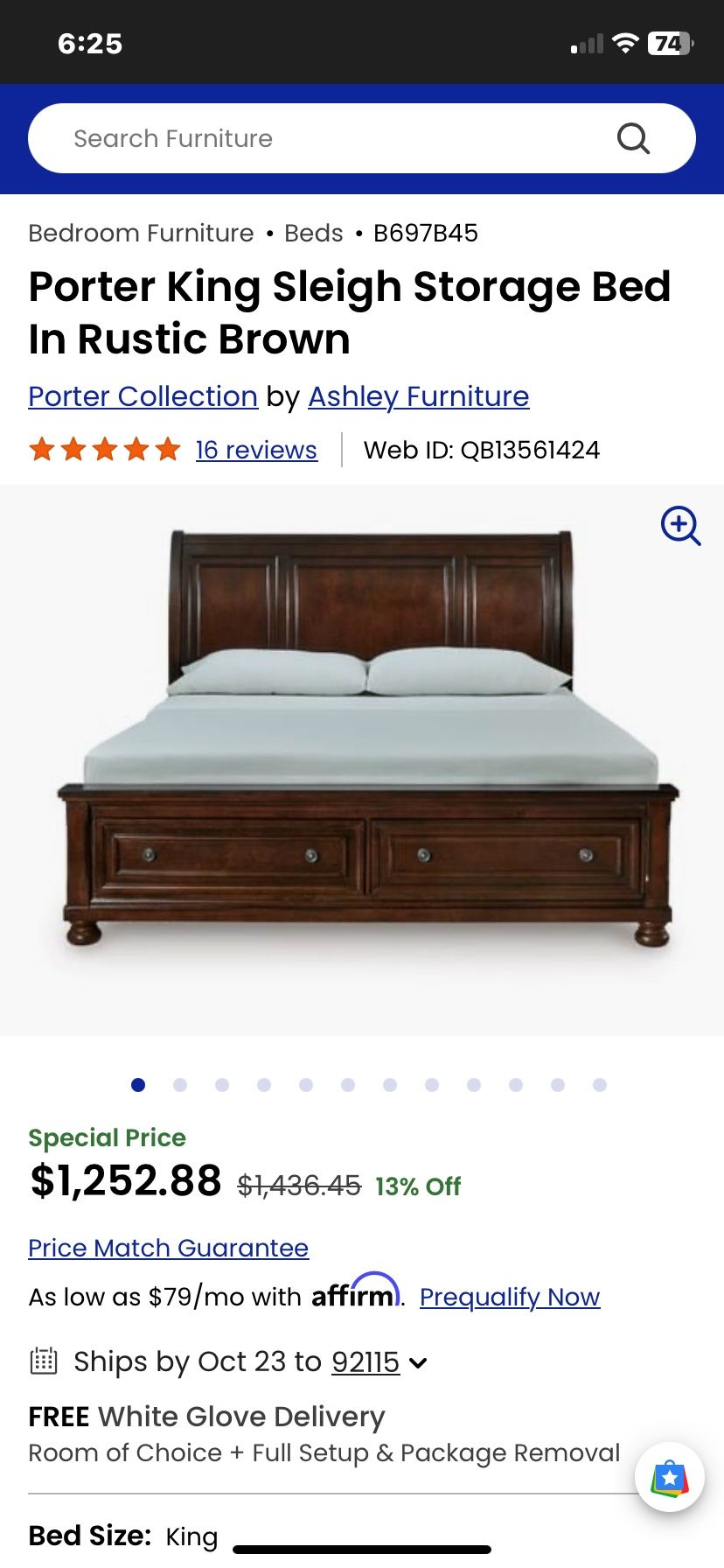 Porter King Sleigh Bed Frame