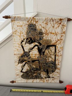 batik art painting scroll on cotton with gold accents 20x28