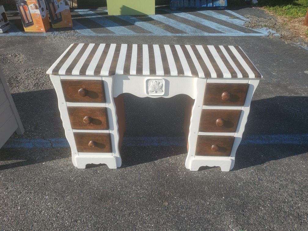 Farmhouse Desk Vanity Wooden Stained Top with Bottom Ivory White
