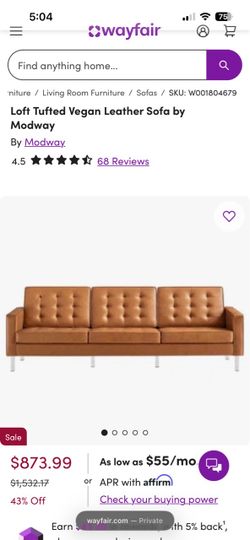 Beautiful caramel-brown, mid-century/modular tufted sectional with three seat sections and three back cushions