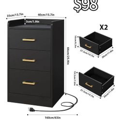 ✌️ 2Pcs Nightstand with Charging Station Rattan Drawer, Mid Century Modern Side Table, End Beside Table with Pine Wood Legs Storage for Bedroom