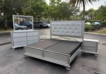 4-Piece Silver Bedroom Set king Size with Tufted Headboard by Vietnam Furniture