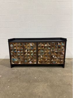 Messina Carved Reclaimed Teak Wood Sideboard 62” Four Door Black Mango Wood Frame Boho Eclectic Buffet