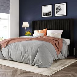 Queen Size Velvet Bed Frame/Vertical Channel Tufted Wingback Headboard/Upholstered Platform Bed/Strong Wooden Slats/No Box Spring Needed/Easy Assembly