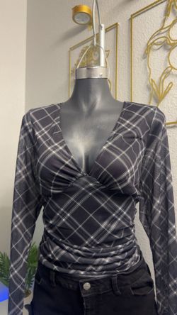 Black And White Plaid Long Sleeve Top