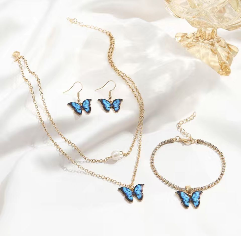 Blue Butterfly Jewelry Set with Bracelet