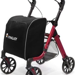 Red Rollator Walker for Shopping, 4-Wheels Trolley Grocery Shopping Cart