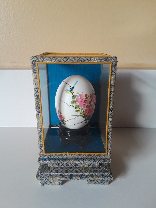 Vintage Chinese Hand Painted Egg Shell Blue Bird In Glass Case