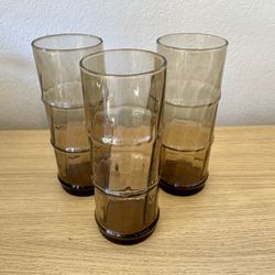 Vtg Libbey Bamboo Bash Drinking Glasses Tumblers Smokey Brown Tiki Bar Set Of 3