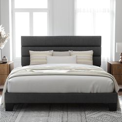 King Size Bed Frame Platform Bed with Fabric Upholstered Headboard and Wooden Slats Support, Fully Upholstered Mattress Foundation/No Box Spring Neede