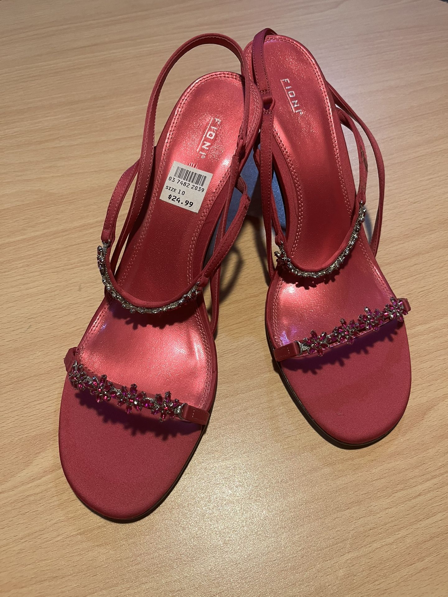 FIONI Pink Jeweled Satin Strappy Sandals with Heels, Women’s Size: 10