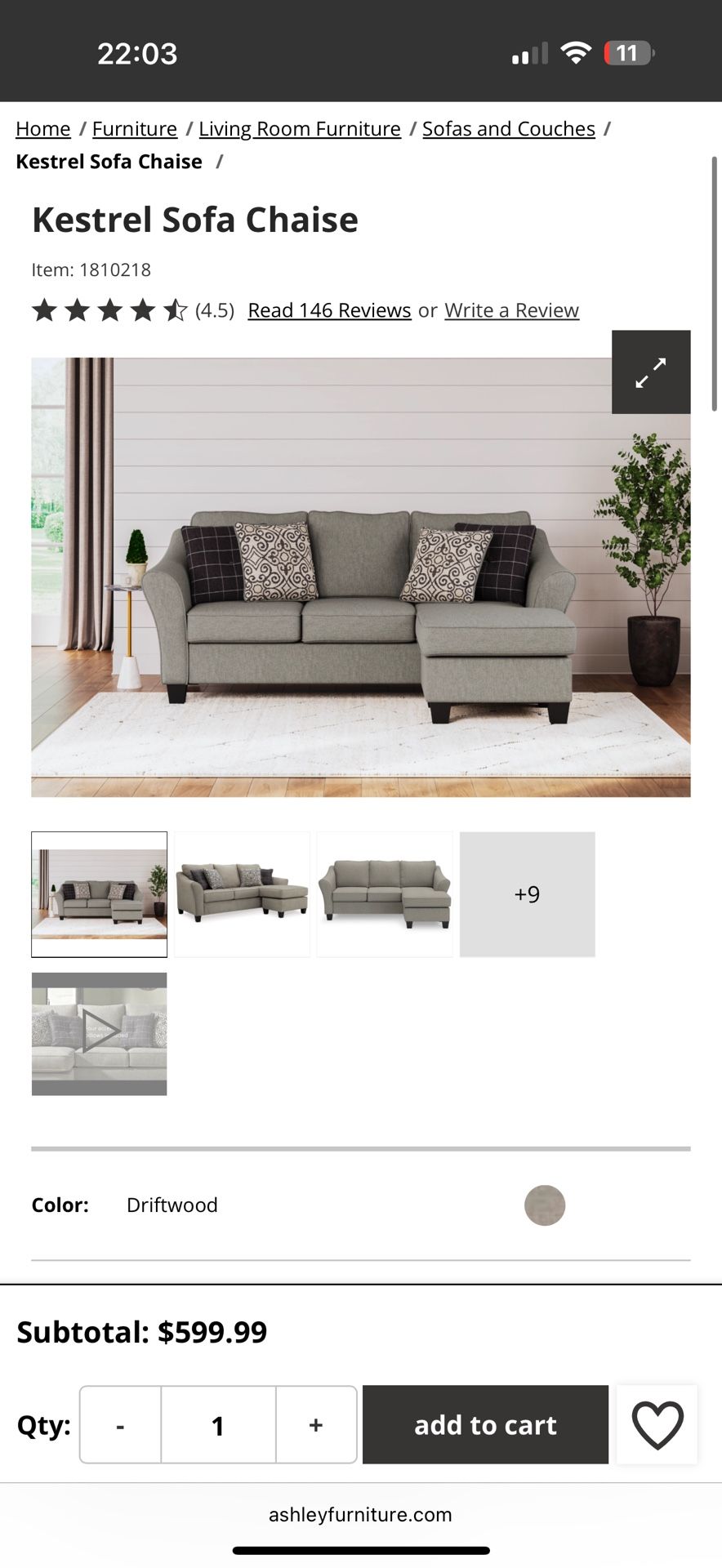 Kestrel Sofa Chaise- Ashley Furniture