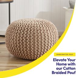 Round knit POUF - Hand Woven Cotton, Taupe