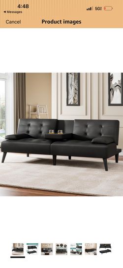 64" Futon Sofa Bed, Small Loveseat with 2 Cup Holders, Small Couch with 3 Adjustable Angles & Removable Armrest, Modern Sleeper Sofa for Small Space (