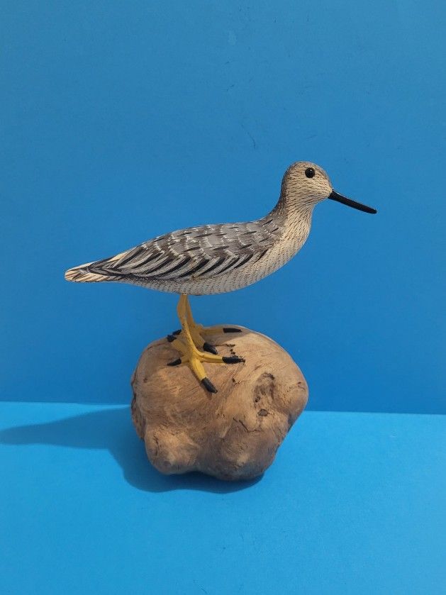 Hand carved and painted wooden greater marsh redshank bird figurine, 6" Signed.