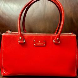 KATE SPADE Red Leather Satchel Tote Shoulder Bag with Three Sections