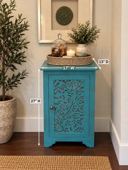 Teal Wood Accent Cabinet with Carved Door