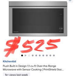 $525 KitchenAid Flush Built in Design 1.1-cu ft Over-the-Range Microwave with Sensor Cooking (PrintShield Stai...