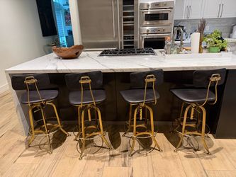 Set of 4 RH 1940s Vintage Toledo Leather Bar Chairs – Black Leather / Brass