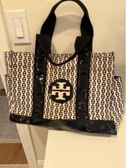 Tory Burch Ella Canvas & Patent Leather Monogram Tote Bag