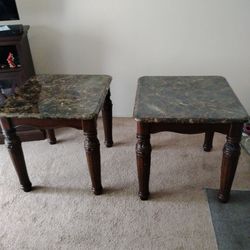 End Tables -  (2) Dark Brown Faux Marble  Measurements and Pictures