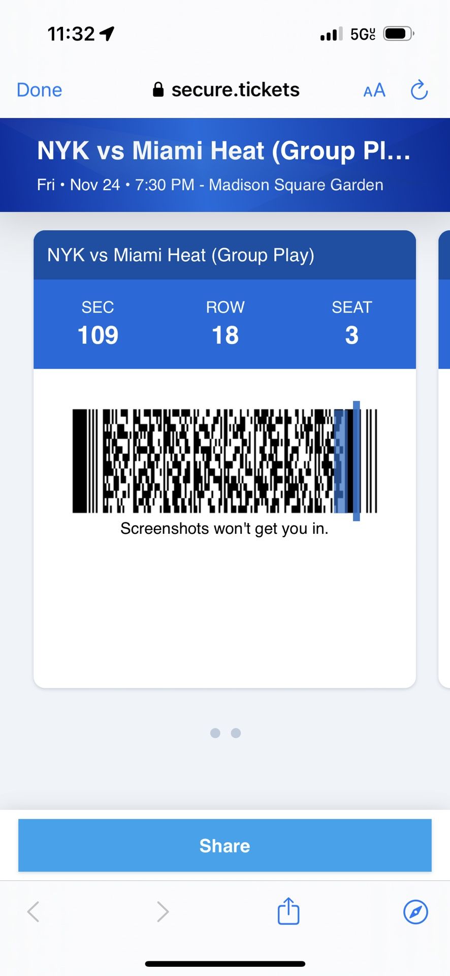 Knicks vs Miami 11/24 In Season Tournament Game Section 109 Row 18