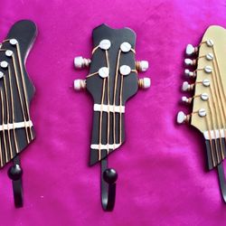 🖤🤎Set of 3 Vintage Guitar Music Themed Decor Man Cave Wall Art Key Coat Hooks
