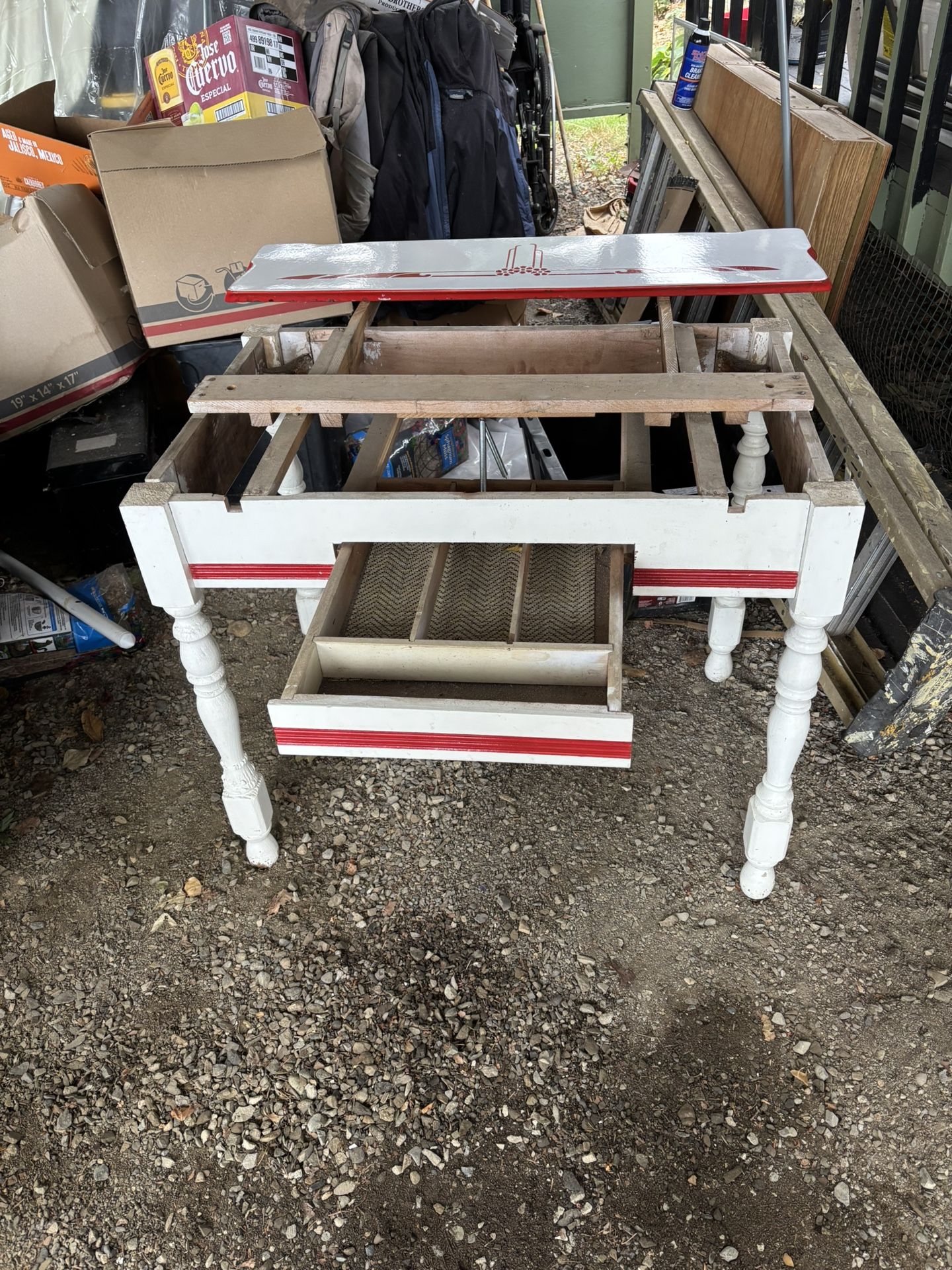 Vintage Red And White Porcelain Table With Wooden Frame