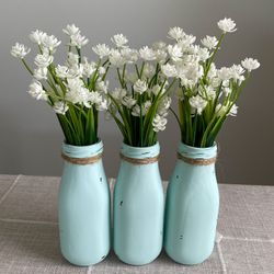 Chalk Painted & Distressed Milk Botttles W/faux Flowers Included