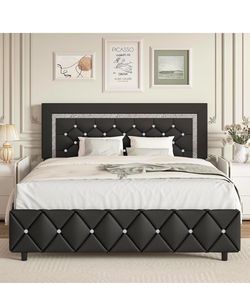 BarnFurin Queen Bed Frame with Headboard, Faux Leather Upholstered Bed with Button Tufted Headboard, Modern Platform Bed Frame with Diamond Design, No