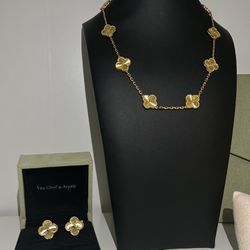 18k Gold Filled Over Steel Clover Necklace And Bracelet Set 