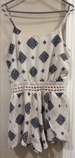 White and Navy Print Romper with Crochet Waist
