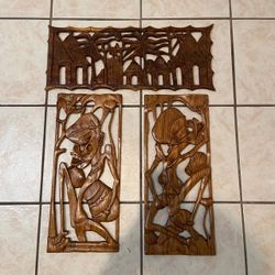 Vintage African Wall Art: 3 panels (18" × 8").