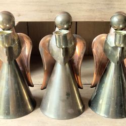 Three Vintage MCM Mid-century Modern Copper Brass Angel Candle Holder Christmas Holiday