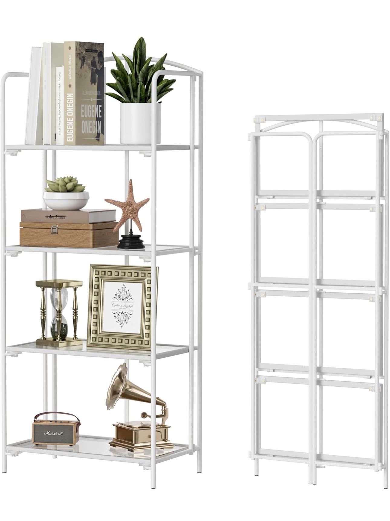 Folding Bookshelf for Living Room, 4 Tier White Collapsible Book Shelf for Home Office, Portable Bookcase Storage Organizer White Frame & Transparent