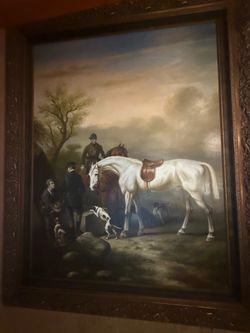 Huge 80”x108” Hand-Painted Equestrian Oil Painting w/ Ornate Frame
