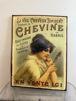 Vintage French Chevine de Harris Metal Advertising Sign 12x15