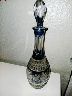 Vintage Clear Blue Diamond Floral Crystal Decanter 